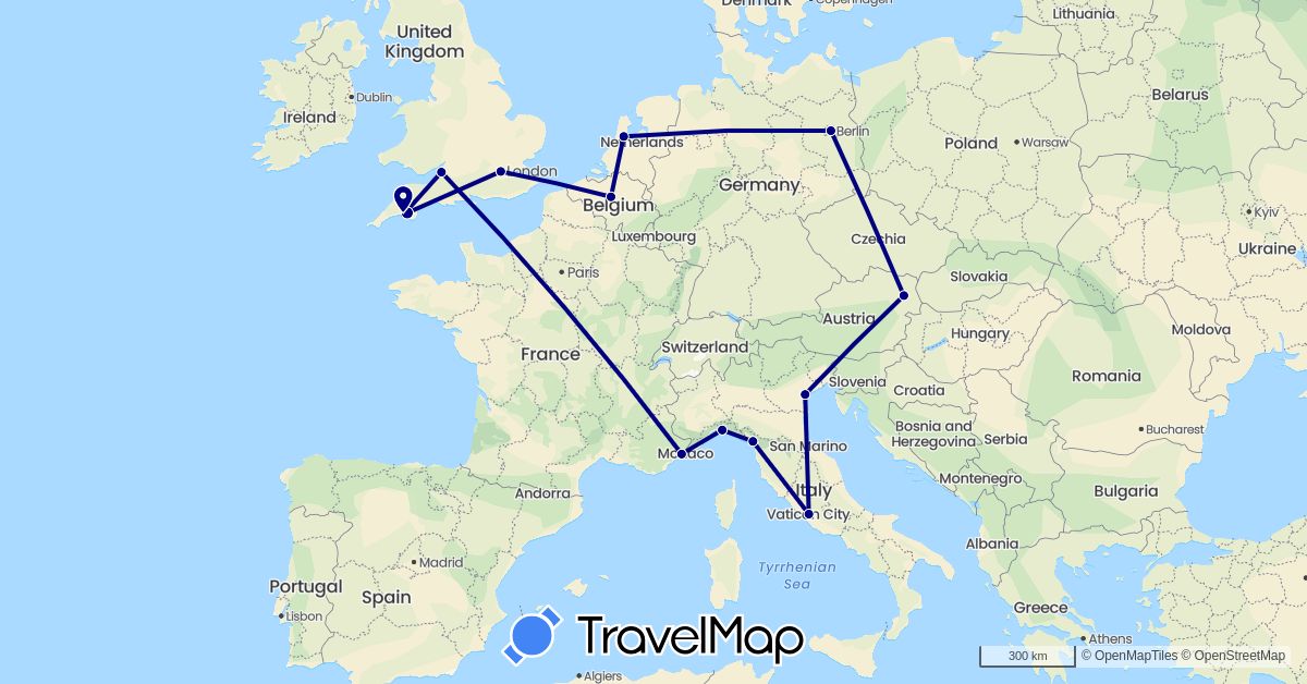 TravelMap itinerary: driving in Austria, Belgium, Germany, France, United Kingdom, Italy, Netherlands (Europe)